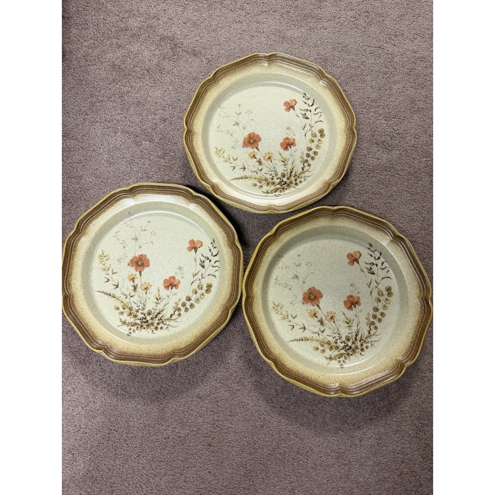 Mikasa Whole Wheat Jardiniere 3 Dinner Plates 10 3/4" E8016 Peach Yellow Floral